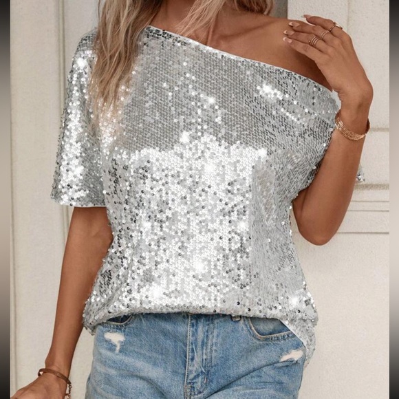 Tops - Elegant Asymmetrical Neck Batwing Sleeve Sequin Blouse